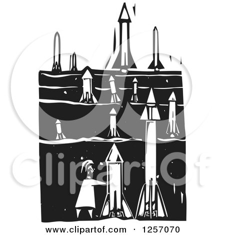 Clipart of a Black and White Woodcut Terrorist Setting up Missiles in a Field| Royalty Free Vector Illustration by xunantunich