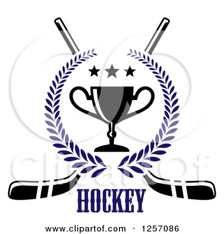 Clipart of a Blue Laurel Wreath with a Trophy and Stars over Crossed Hockey Sticks and Text - Royalty Free Vector Illustration by Vector Tradition SM