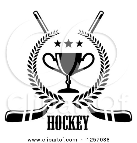 Clipart of a Black and White Laurel Wreath with a Trophy and Stars over Crossed Hockey Sticks and Text - Royalty Free Vector Illustration by Vector Tradition SM