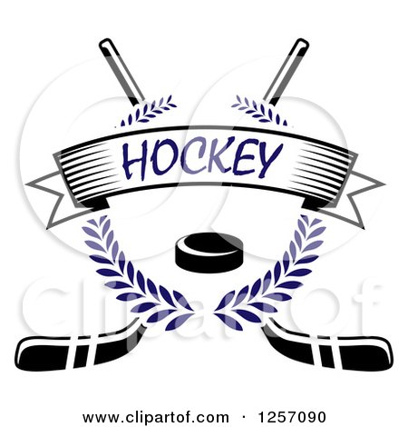 Clipart of a Blue Laurel Wreath with a Puck and Text Banner over Crossed Hockey Sticks - Royalty Free Vector Illustration by Vector Tradition SM
