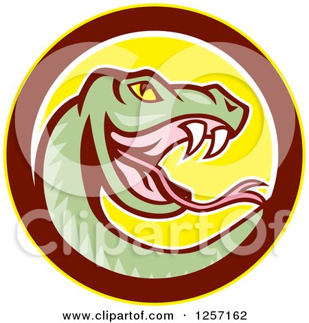 Clipart of a Cartoon Green Rattle Snake in a Yellow Brown and White Circle - Royalty Free Vector Illustration by patrimonio