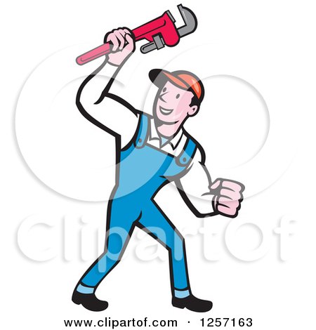 Clipart of a Cartoon Caucasian Male Plumber Holding up a Monkey Wrench - Royalty Free Vector Illustration by patrimonio