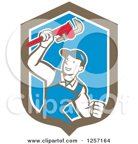 Clipart of a Retro Cartoon Caucasian Male Plumber Holding up a Monkey Wrench in a Blue White and Brown Shield - Royalty Free Vector Illustration by patrimonio