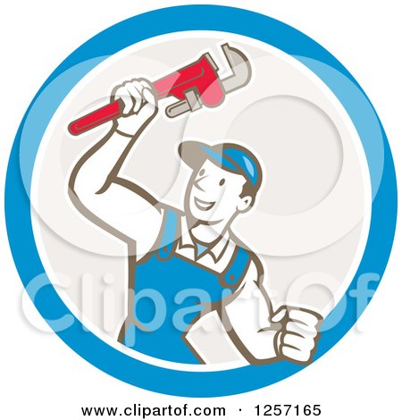 Clipart of a Retro Cartoon Caucasian Male Plumber Holding up a Monkey Wrench in a Blue White and Taupe Circle - Royalty Free Vector Illustration by patrimonio