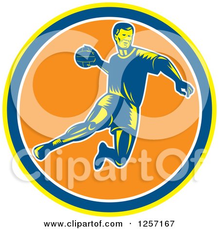 Clipart of a Retro Woodcut Handball Player Jumping over a Yellow Blue White and Orange Circle - Royalty Free Vector Illustration by patrimonio