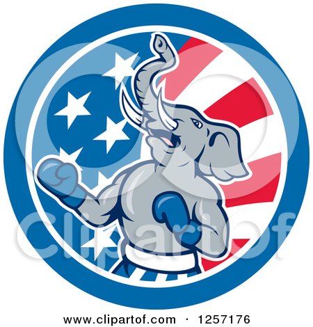 Clipart of a Cartoon Republican Elephant Boxing in an American Flag Circle - Royalty Free Vector Illustration by patrimonio