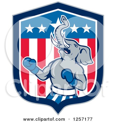 Clipart of a Cartoon Republican Elephant Boxing in an American Flag Shield - Royalty Free Vector Illustration by patrimonio