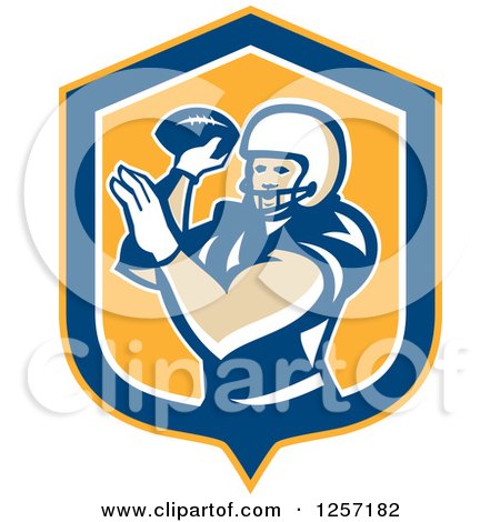 Clipart of a Retro Male American Football Player Throwing in a Yellow Blue and White Shield - Royalty Free Vector Illustration by patrimonio