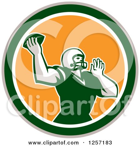 Clipart of a Retro Male American Football Player Throwing in a Yellow White Tan and Green Circle - Royalty Free Vector Illustration by patrimonio