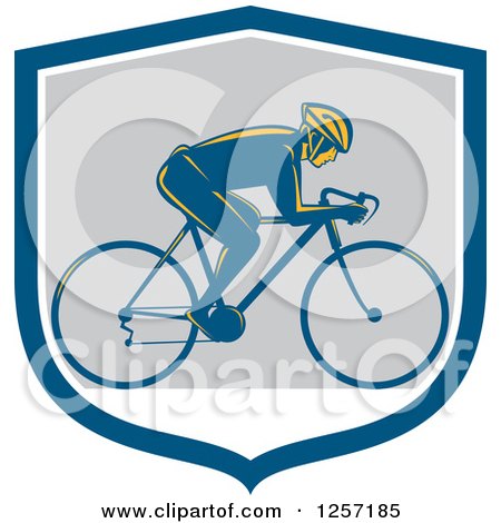 Clipart of a Retro Male Cyclist in a Blue White and Gray Shield - Royalty Free Vector Illustration by patrimonio
