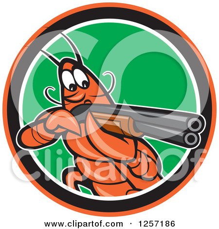 Clipart of a Cartoon Crayfish Aiming a Shotgun in a Green White Black and Orange Circle - Royalty Free Vector Illustration by patrimonio