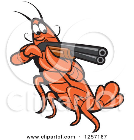 Clipart of a Cartoon Crayfish Aiming a Shotgun - Royalty Free Vector Illustration by patrimonio