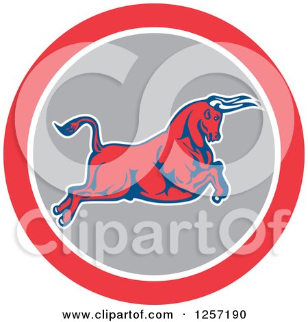 Clipart of a Retro Charging Bull in a Red White and Gray Circle - Royalty Free Vector Illustration by patrimonio