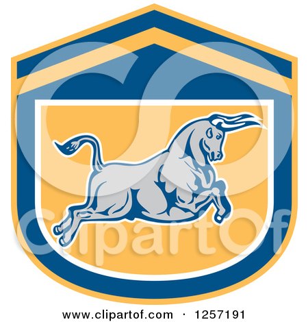 Clipart of a Retro Charging Bull in a Blue White and Yellow Shield - Royalty Free Vector Illustration by patrimonio