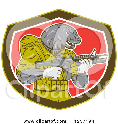 Clipart of a Navy Seal Animal Holding an Armalite M16 Firearm in a Shield - Royalty Free Vector Illustration by patrimonio