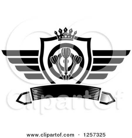 Clipart of a Black and White Winged Shield with a Crown Target and Throwing Darts over a Banner - Royalty Free Vector Illustration by Vector Tradition SM
