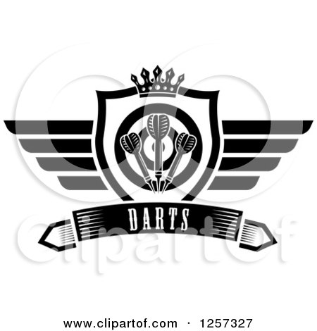 Clipart of a Black and White Winged Shield with a Crown Target and Throwing Darts over a Banner with Text - Royalty Free Vector Illustration by Vector Tradition SM