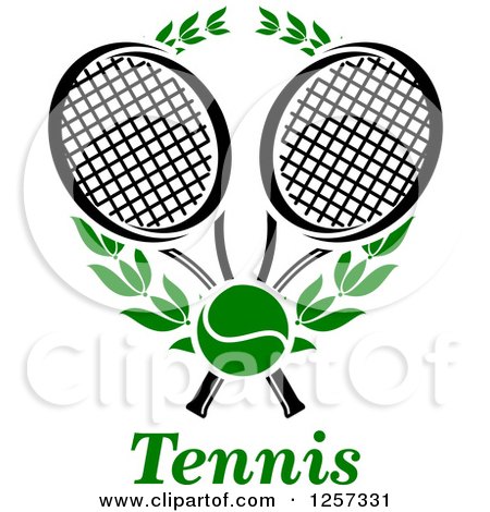 Clipart of a Green Tennis Ball and Laurel Wreath with Crossed Black and White Rackets over Text - Royalty Free Vector Illustration by Vector Tradition SM