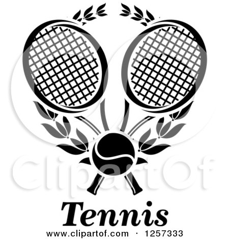 Clipart of a Black and White Tennis Ball and Laurel Wreath with Crossed Rackets and Text - Royalty Free Vector Illustration by Vector Tradition SM