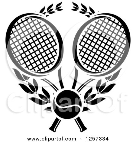 Clipart of a Black and White Tennis Ball and Laurel Wreath with Crossed Rackets - Royalty Free Vector Illustration by Vector Tradition SM