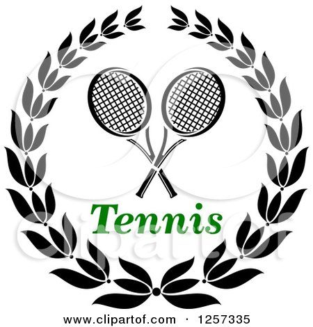 Clipart of a Black and White Laurel Wreath with Crossed Tennis Rackets and Green Text - Royalty Free Vector Illustration by Vector Tradition SM