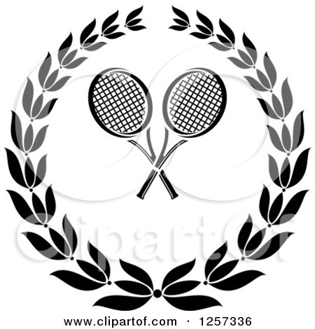 Clipart of a Black and White Laurel Wreath with Crossed Tennis Rackets - Royalty Free Vector Illustration by Vector Tradition SM