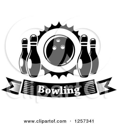 Clipart of a Black and White Bowling Banner with Pins and a Ball - Royalty Free Vector Illustration by Vector Tradition SM