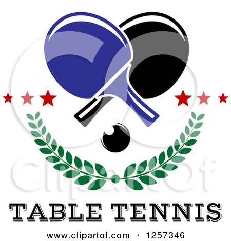 Clipart of a Ping Pong Ball and Table Tennis Paddles over Branches Stars and Text - Royalty Free Vector Illustration by Vector Tradition SM