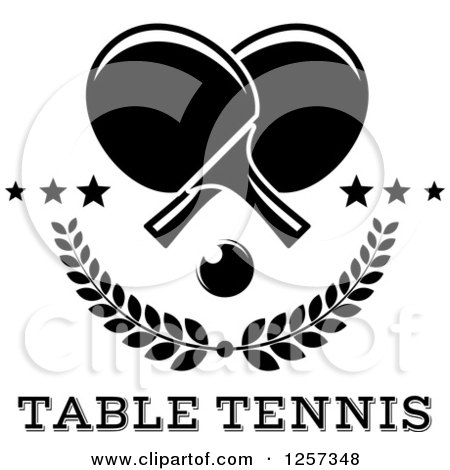 Clipart of a Black and White Ping Pong Ball and Table Tennis Paddles over Branches Stars and Text - Royalty Free Vector Illustration by Vector Tradition SM