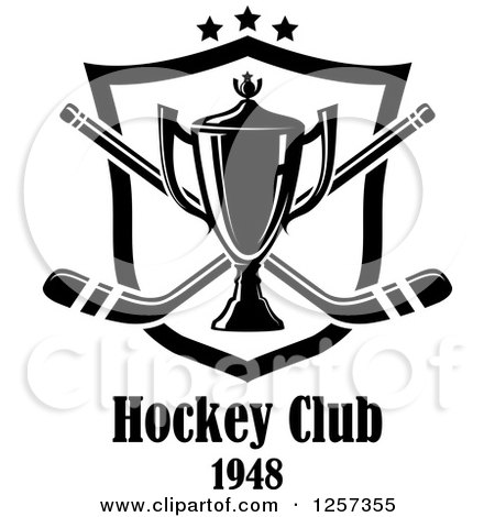 Clipart of a Black and White Trophy Cup over Crossed Hockey Sticks a Shield and Stars with Text - Royalty Free Vector Illustration by Vector Tradition SM