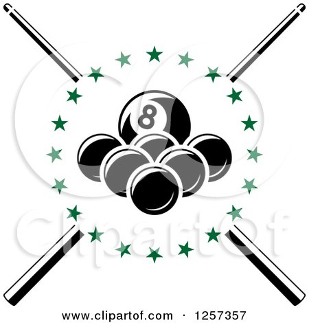 Clipart of Billiards Balls in a Circle of Green Stars over Crossed Cue Sticks - Royalty Free Vector Illustration by Vector Tradition SM