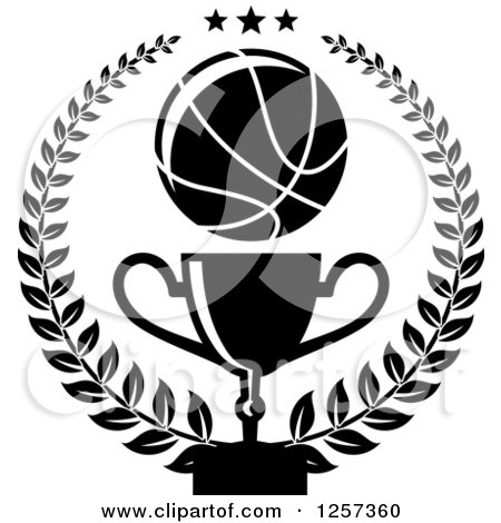 Clipart of a Black and White Basketball Laurel Wreath with Stars and a Trophy - Royalty Free Vector Illustration by Vector Tradition SM