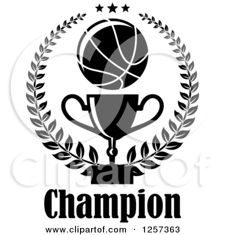 Clipart of a Black and White Basketball Laurel Wreath with Stars a Trophy and Champion Text - Royalty Free Vector Illustration by Vector Tradition SM