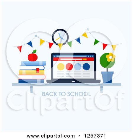 Clipart of a Shelf with Back to School Text, Books, a Laptop and Plant - Royalty Free Vector Illustration by elena