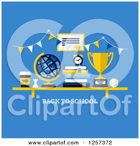 Clipart of a Shelf with Back to School Text, Books a Coffee Globe and Trophy - Royalty Free Vector Illustration by elena