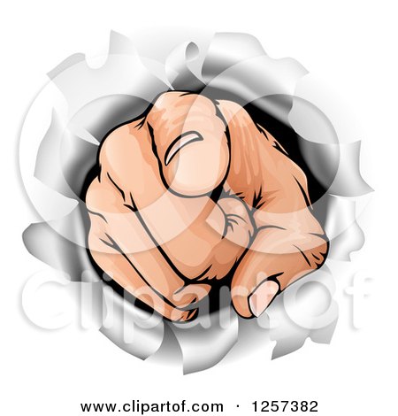 Clipart of a Caucasian Hand Breaking Through a Wall and Pointing Outwards - Royalty Free Vector Illustration by AtStockIllustration