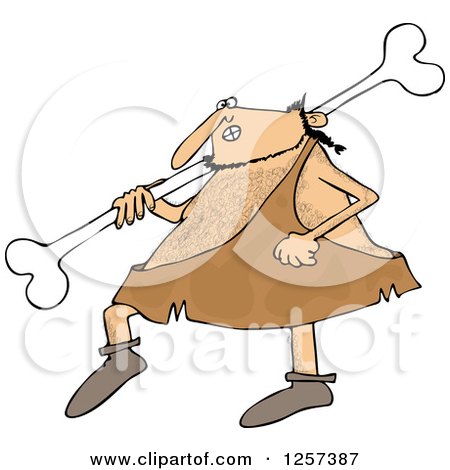 Clipart of a Hairy Caveman Walking and Carrying a Large Bone over His Shoulder - Royalty Free Vector Illustration by djart