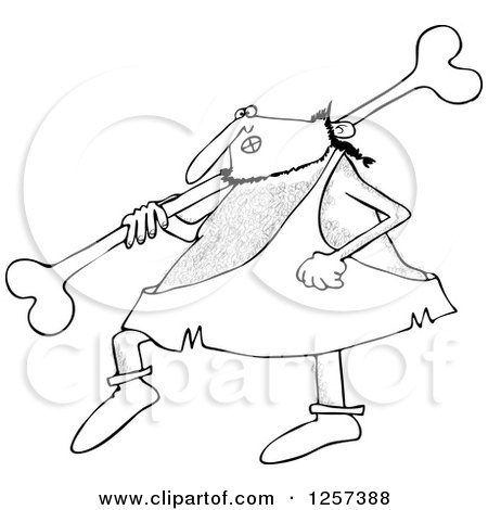 Clipart of a Black and White Hairy Caveman Walking and Carrying a Large Bone over His Shoulder - Royalty Free Vector Illustration by djart