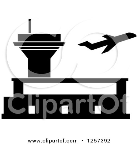 Clipart of a Black and White Plane and Airport - Royalty Free Vector Illustration by Vector Tradition SM