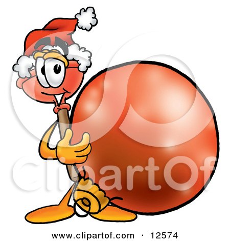 Clipart Picture of a Sink Plunger Mascot Cartoon Character Wearing a Santa Hat, Standing With a Christmas Bauble by Mascot Junction