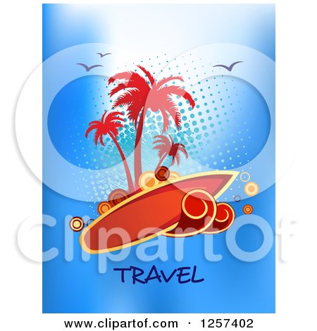 Clipart of a Surf Board Island over Halftone Birds and Travel Text - Royalty Free Vector Illustration by Vector Tradition SM
