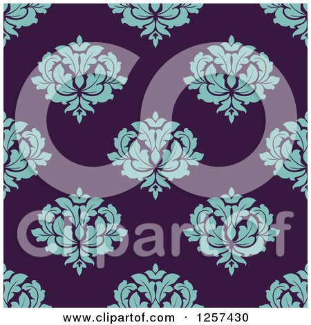 Clipart of a Seamless Pattern Background of Turquoise Floral Damask on Purple - Royalty Free Vector Illustration by Vector Tradition SM
