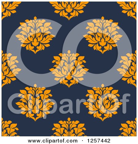 Clipart of a Seamless Pattern Background of Orange Floral Damask on Blue - Royalty Free Vector Illustration by Vector Tradition SM