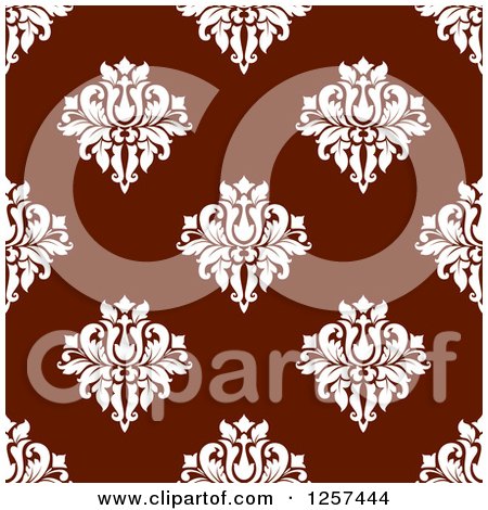 Clipart of a Seamless Pattern Background of White Floral Damask on Maroon - Royalty Free Vector Illustration by Vector Tradition SM