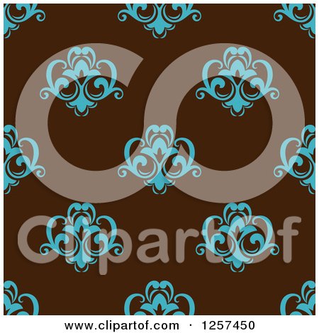 Clipart of a Seamless Pattern Background of Blue Floral on Brown - Royalty Free Vector Illustration by Vector Tradition SM