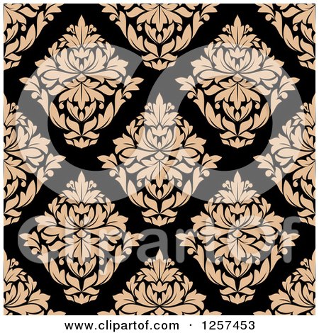 Clipart of a Seamless Pattern Background of Tan Diamond Floral Damask on Black - Royalty Free Vector Illustration by Vector Tradition SM