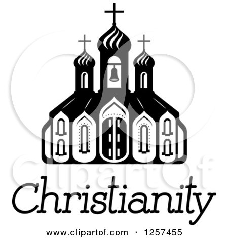 Clipart of a Black and White Church Building with Christianity Text - Royalty Free Vector Illustration by Vector Tradition SM
