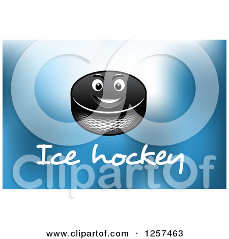 Clipart of a Grinning Hockey Puck over Text on Blue - Royalty Free Vector Illustration by Vector Tradition SM