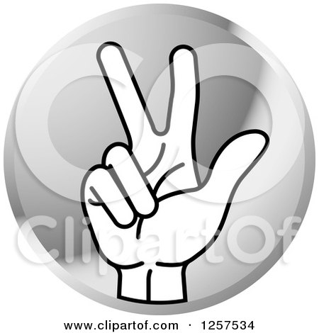 Clipart of a Round Silver Icon of a Counting Hand Holding up 3 Fingers, Three in Sign Language - Royalty Free Vector Illustration by Lal Perera