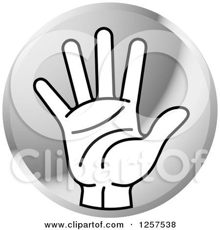 Clipart of a Round Silver Icon of a Counting Hand Holding up 5 Fingers, Five in Sign Language - Royalty Free Vector Illustration by Lal Perera